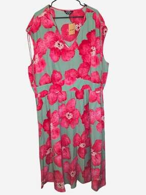 BLOOMCHIC Women's Plus Maxi Dress Size 26 Green Pink Floral V-Neck Sleeveless